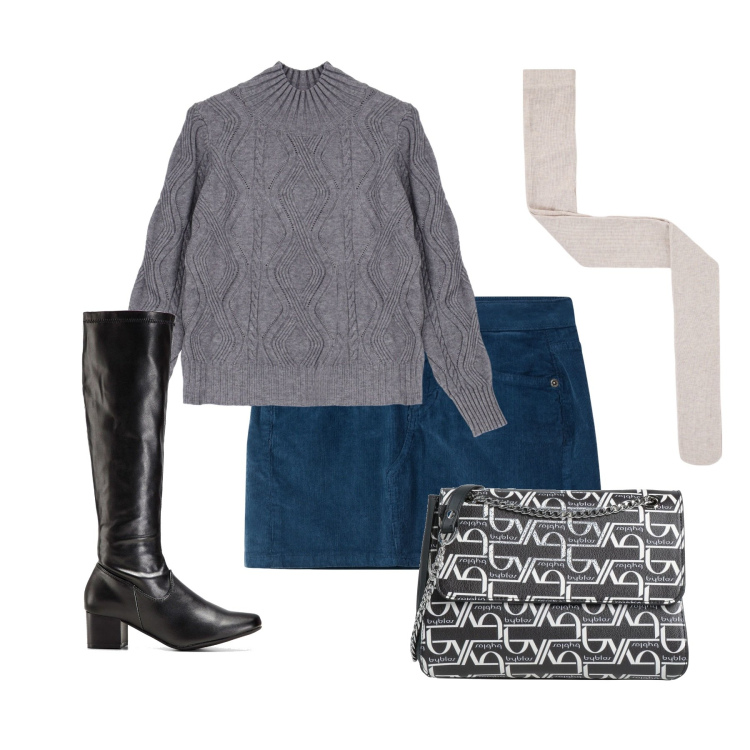 Outfit donna - Minigonna blu. Stile Casual chic per Serata fuori. Abbinamento con stivali, borse a tracolla, minigonne, collant, maglieria.