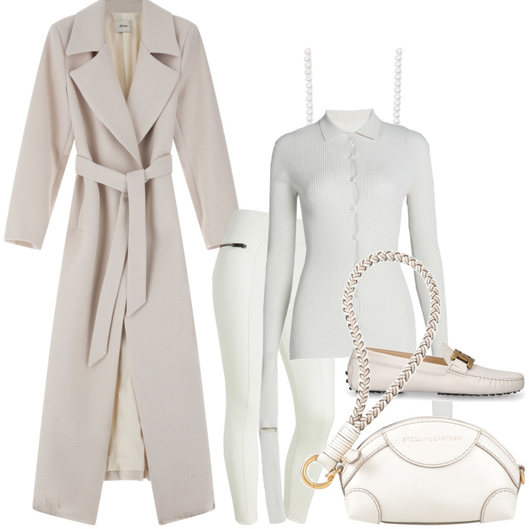 Outfit donna - Luce in inverno. Stile Urban per Tutti i giorni. Abbinamento con pochette, cardigans, collane, pantaloni skinny, cappotti, mocassini.