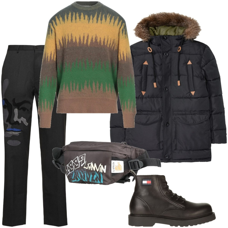 Outfit uomo - Per il freddo di gennaio. Stile Casual per Tutti i giorni. Abbinamento con giacche, borse sportive, stivali e stivaletti, pullovers, pantaloni.