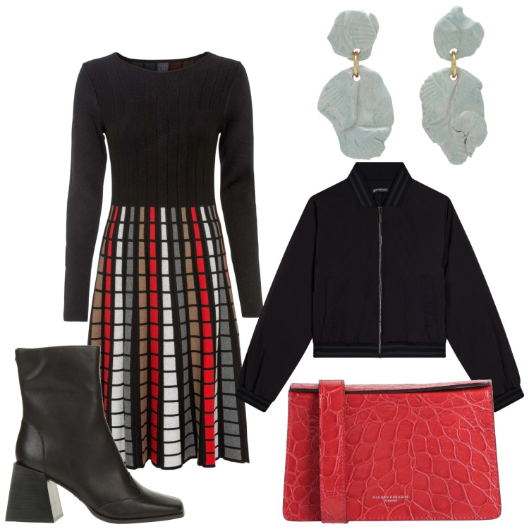 Outfit donna - Variopinta. Stile Casual chic per Serata fuori. Abbinamento con vestiti, orecchini, borse a tracolla, stivaletti, bomber.