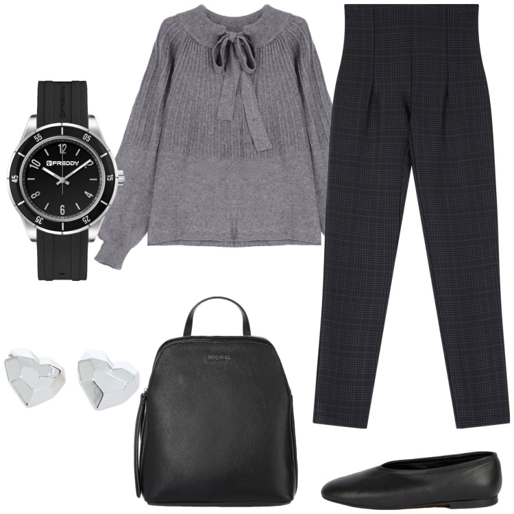 Outfit donna - Cuori e quadri. Stile Sporty chic per Tutti i giorni. Abbinamento con pantaloni, zaini, orologi, pullovers, orecchini, ballerine.