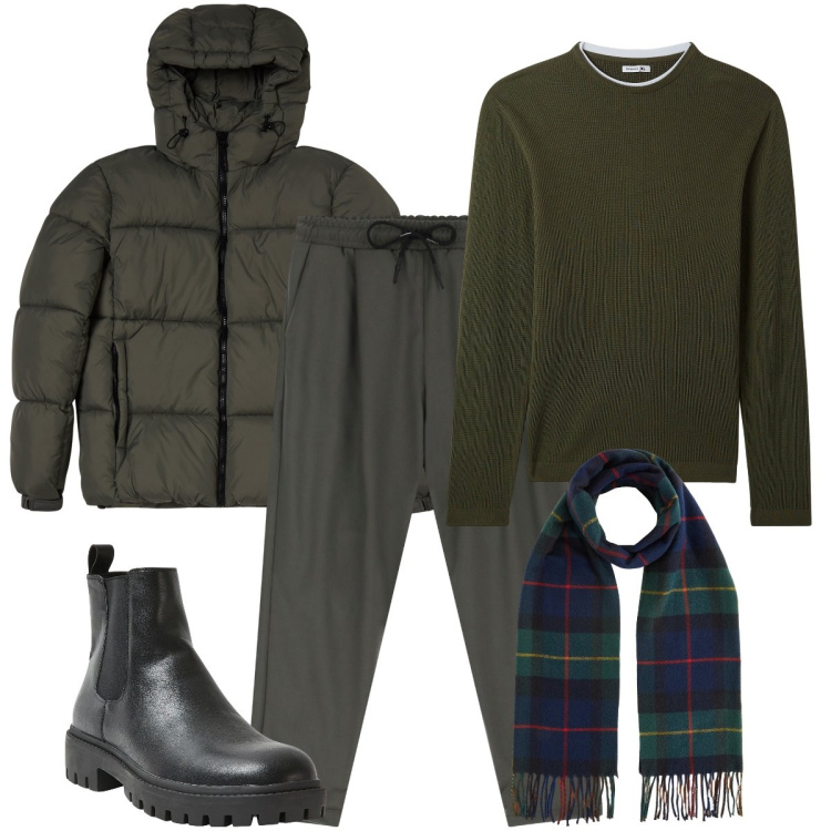 Outfit uomo - Verde militare. Stile Urban per Tutti i giorni. Abbinamento con stivali e stivaletti, maglieria, piumini, pantaloni, sciarpe.