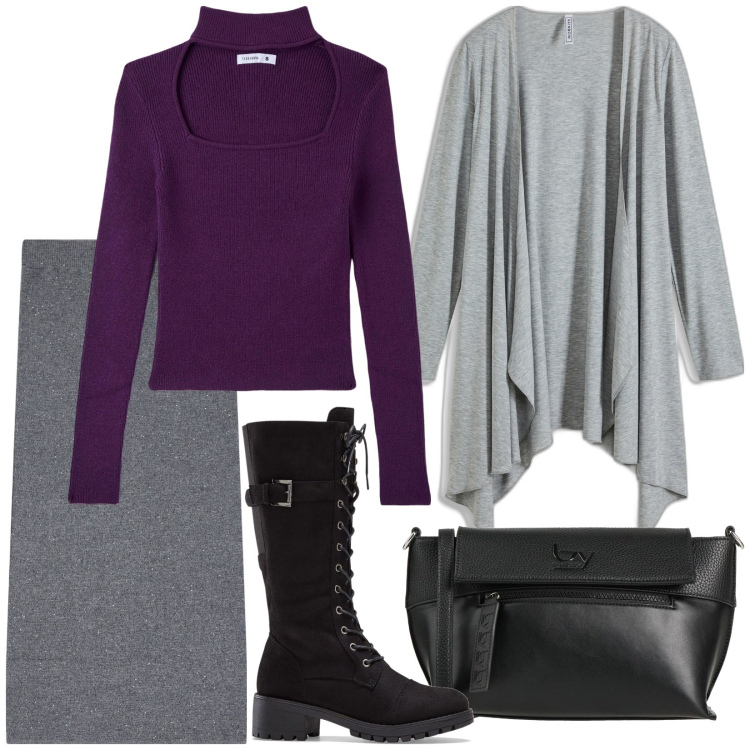 Outfit donna - Total look #2039917. Stile Casual chic per Tutti i giorni. Abbinamento con stivali, cardigans, borse a tracolla, maglieria, gonne lunghe.