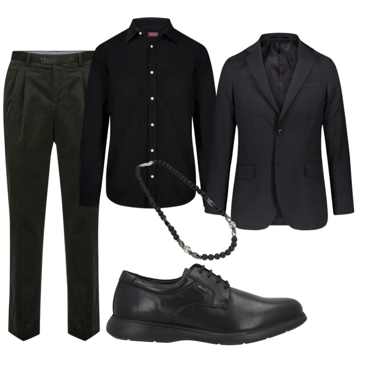 Outfit uomo - Total black. Stile Trendy per Serata speciale. Abbinamento con scarpe stringate, collane, pantaloni, camicie, giacche.