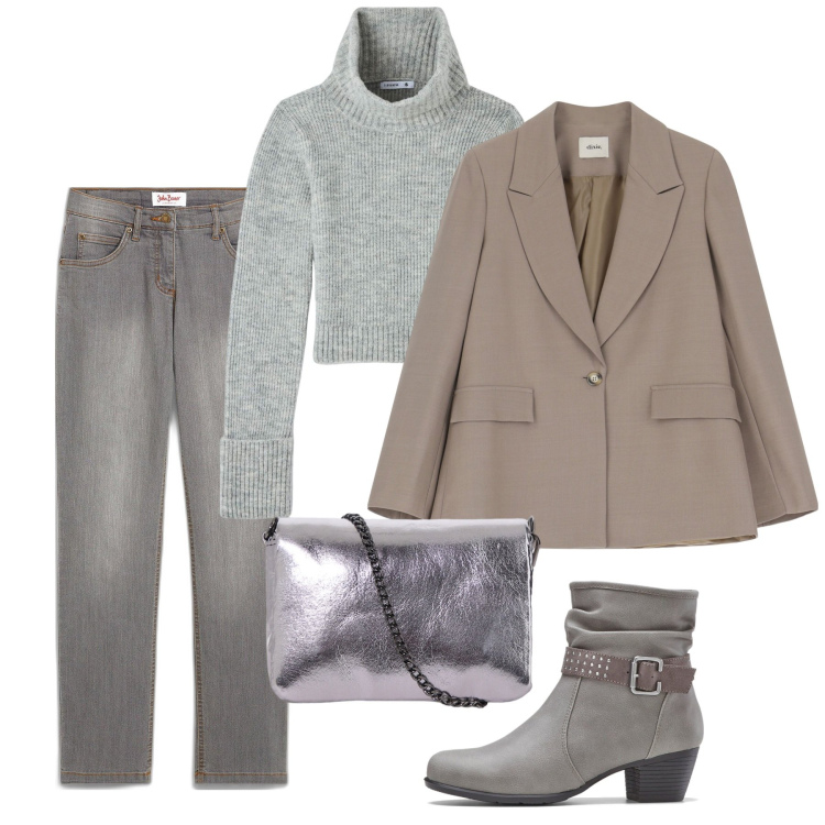 Outfit donna - Greige mood. Stile Casual chic per Tutti i giorni. Abbinamento con stivaletti, jeans dritti, maglieria, blazer, pochette.