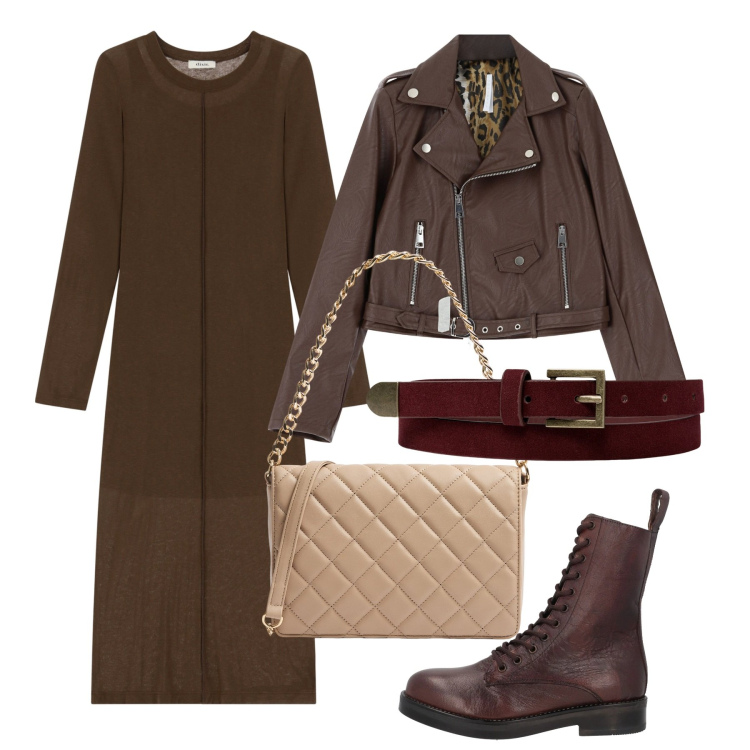 Outfit donna - Ton sur ton. Stile Chic per Tutti i giorni. Abbinamento con stivaletti, borse a tracolla, vestiti midi/longuette, giacche, cinture.
