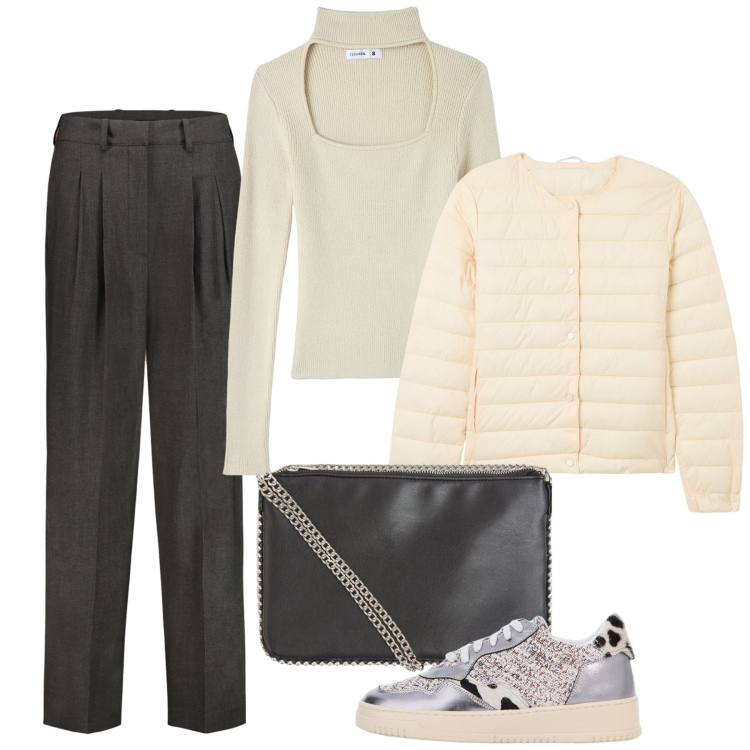 Outfit donna - Mix di stili. Stile Urban per Tutti i giorni. Abbinamento con borse a tracolla, maglieria, piumini, sneakers, pantaloni.