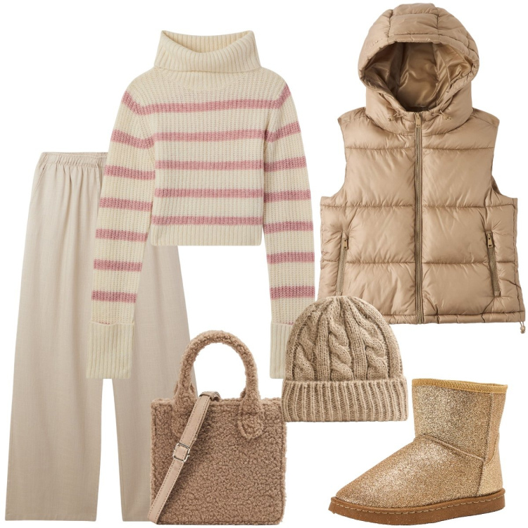 Outfit donna - Dopo lo sci tutti in baita. Stile Sporty chic per Tutti i giorni. Abbinamento con berretti, pantaloni, piumini, maglieria, stivali, shopping bag.
