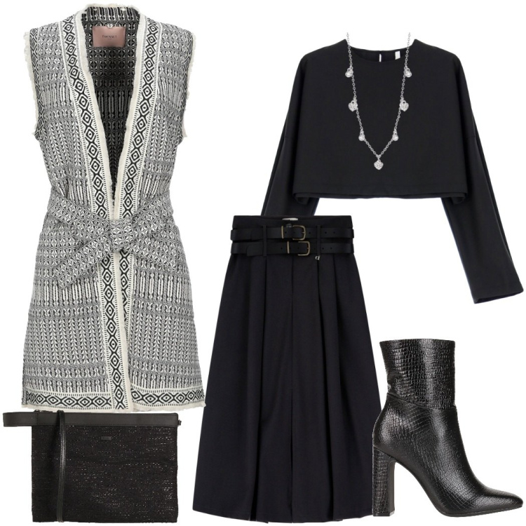 Outfit donna - Relax post feste. Stile Casual chic per Serata fuori. Abbinamento con stivaletti, cappotti, borse a tracolla, collane, maglieria, gonne.