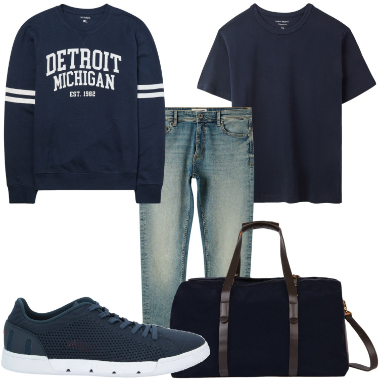 Outfit uomo - Pronto per la partenza. Stile Casual per Tutti i giorni. Abbinamento con sneakers, t-shirt, jeans skinny, felpe, borse sportive.