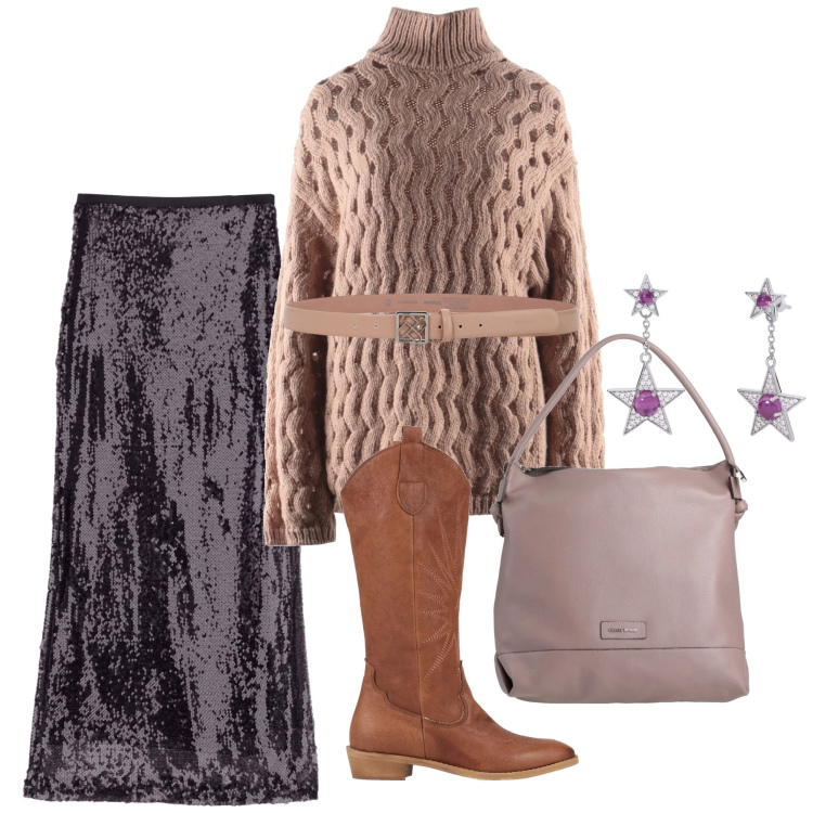 Outfit donna - Malva. Stile Chic per Serata fuori. Abbinamento con stivali, maglieria, borse a secchiello, orecchini, gonne lunghe, cinture.