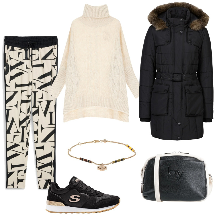Outfit donna - Relax dopo le feste. Stile Casual per Tutti i giorni. Abbinamento con piumini, sneakers, pantaloni, borse a tracolla, braccialetti, maglieria.