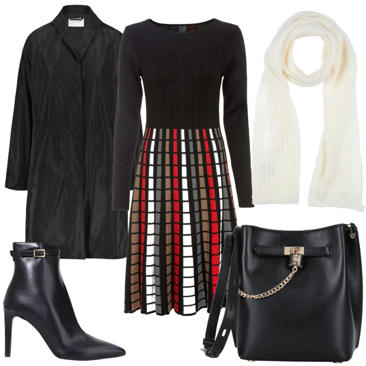 Outfit donna - Abito in maglia a quadri. Stile Glamour per Tutti i giorni. Abbinamento con vestiti, sciarpe, borse a tracolla, stivaletti, trench.