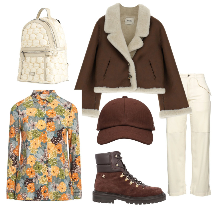 Outfit donna - Un tocco floreale. Stile Casual per Tutti i giorni. Abbinamento con zaini, anfibi, pantaloni, camicie, blazer, cappelli.