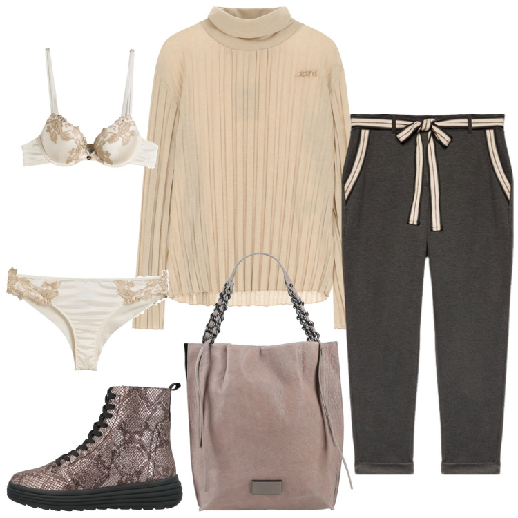 Outfit donna - Relax dopo le feste. Stile Casual per Tutti i giorni. Abbinamento con borse a mano, reggiseni, stivaletti, maglieria, pantaloni chino.