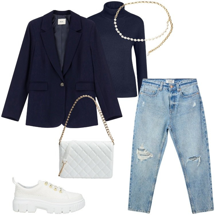 Outfit donna - Total look #2039981. Stile Trendy per Ufficio. Abbinamento con sneakers, jeans mom, borse a tracolla, collane, blazer, maglieria.