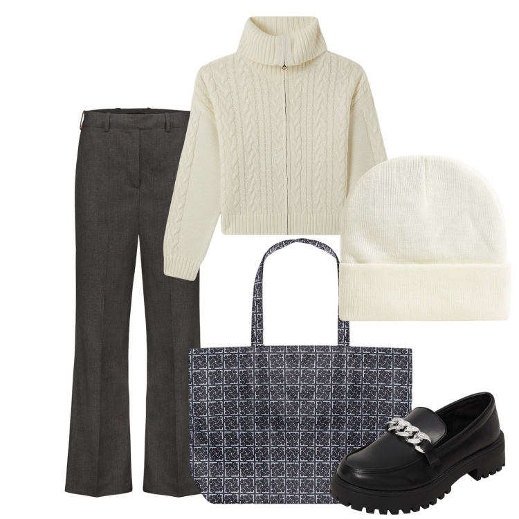 Outfit donna - Avorio e grigio. Stile Bon Ton per Tutti i giorni. Abbinamento con cardigans, mocassini, berretti, pantaloni, shopping bag.