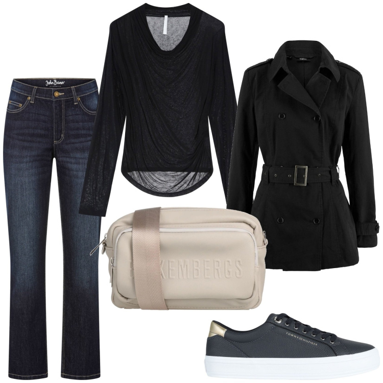 Outfit donna - Total look #2039990. Stile Basic per Tutti i giorni. Abbinamento con borse a tracolla, sneakers, trench, jeans dritti, pullovers.