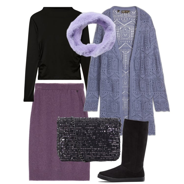 Outfit donna - I viola. Stile Chic per Serata fuori. Abbinamento con cardigans, stivali, gonne longuette, borse a tracolla, t-shirt, fasce per capelli.