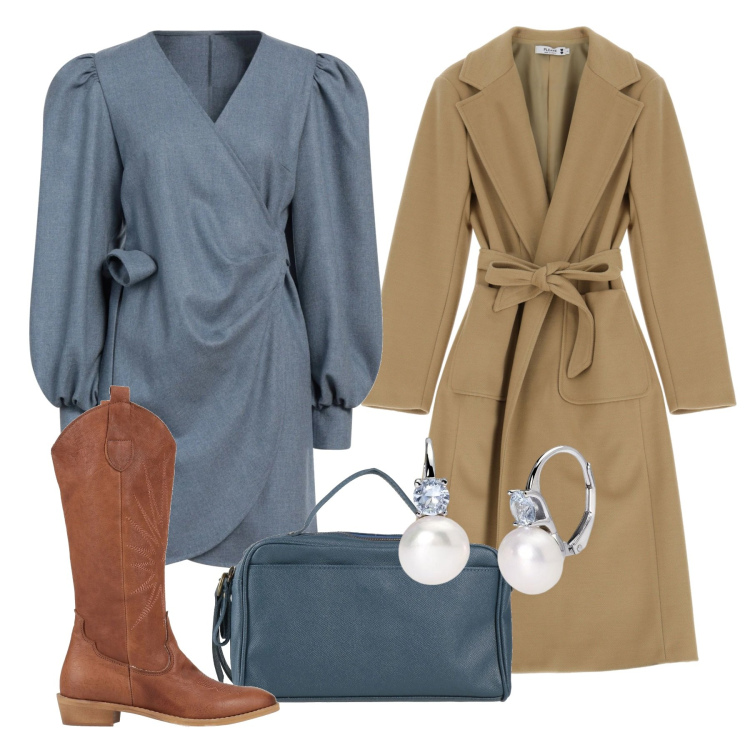 Outfit donna - Un pranzo di lavoro. Stile Chic per Ufficio. Abbinamento con stivali, borse a mano, vestiti corti, orecchini, cappotti.
