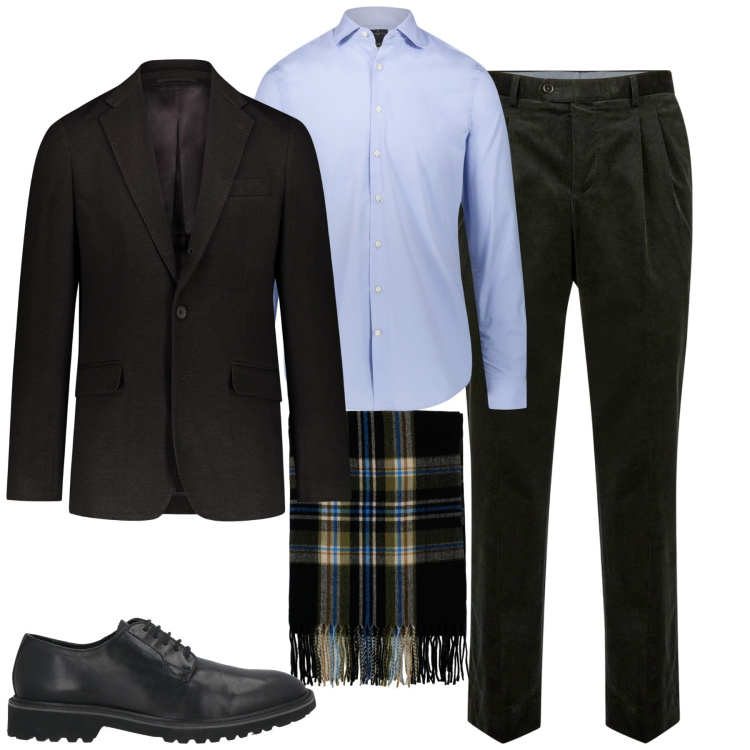 Outfit uomo - In ufficio. Stile Business/Elegante per Ufficio. Abbinamento con scarpe stringate, sciarpe, camicie, giacche, pantaloni.
