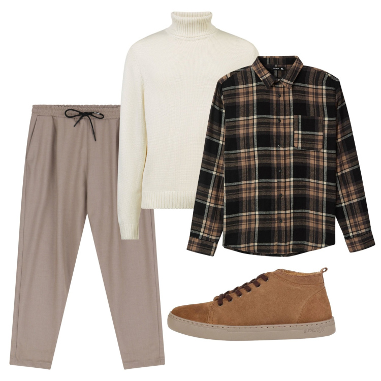 Outfit uomo - Comfy layering. Stile Casual per Tutti i giorni. Abbinamento con sneakers alte, camicie, pantaloni, maglieria.