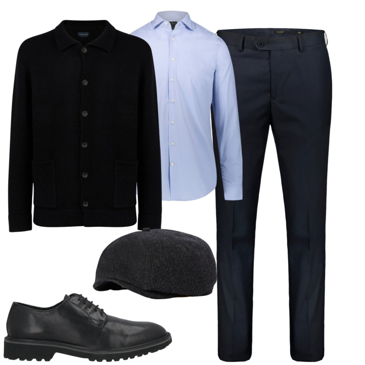 Outfit uomo - In ufficio. Stile Business/Elegante per Ufficio. Abbinamento con scarpe stringate, camicie, pantaloni, cardigans, cappelli e berretti.