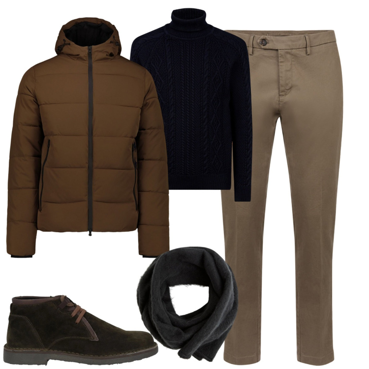 Outfit uomo - Gennaio. Stile Urban per Tutti i giorni. Abbinamento con stivali e stivaletti, sciarpe e foulard, piumini, pantaloni chino, maglieria.
