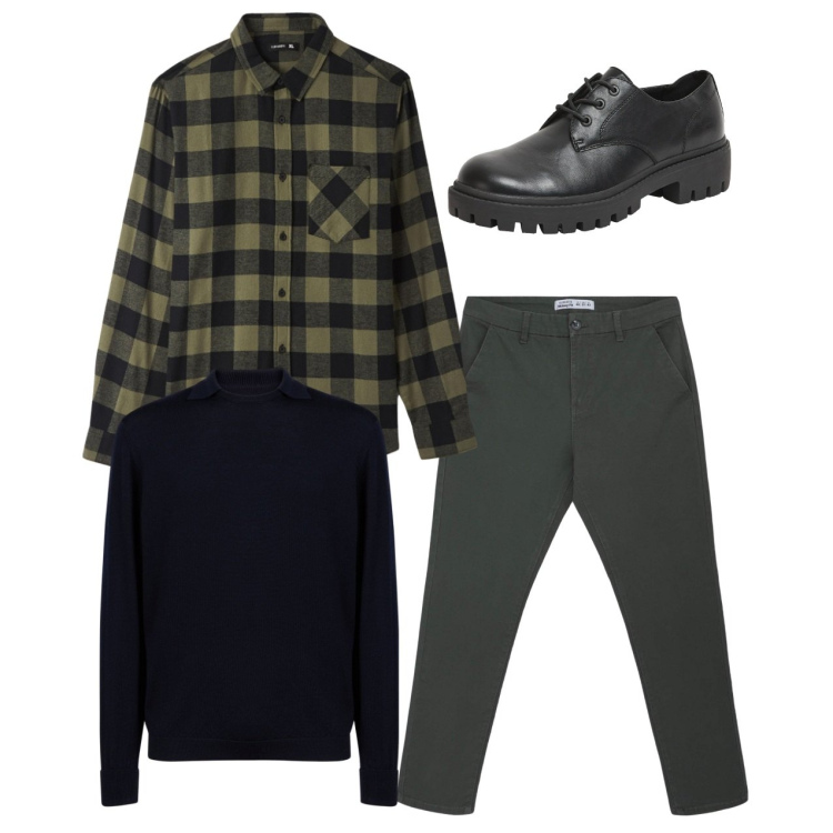 Outfit uomo - Quadroni. Stile Casual per Tutti i giorni. Abbinamento con pantaloni chino, camicie, scarpe stringate, maglieria.