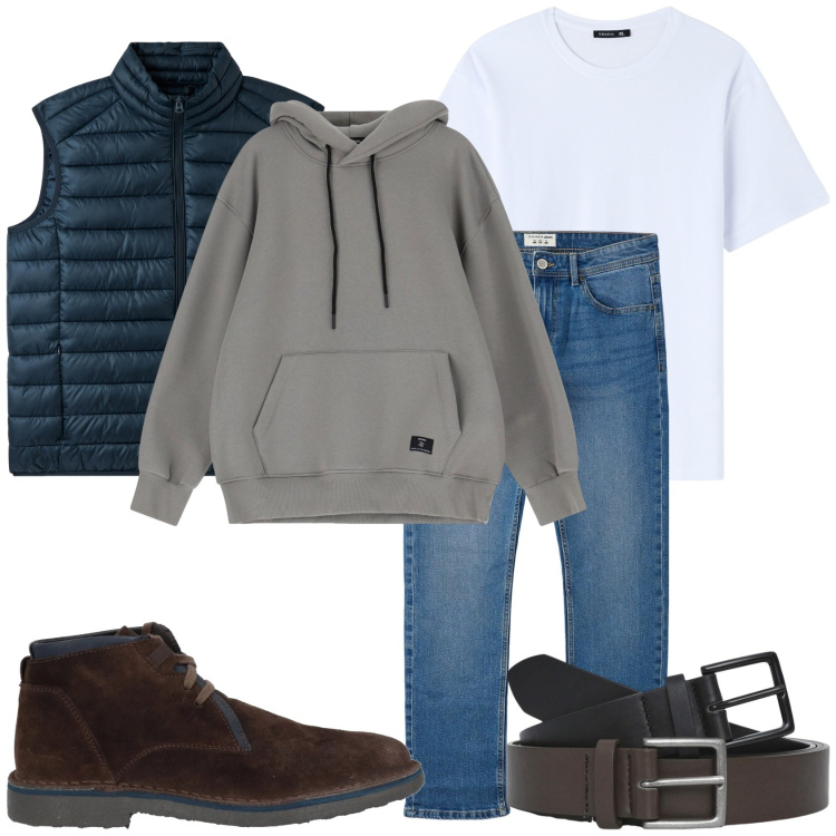 Outfit uomo - Casual per un giorno. Stile Casual per Tutti i giorni. Abbinamento con stivali e stivaletti, t-shirt, jeans, gilet, cinture, felpe con cappuccio.