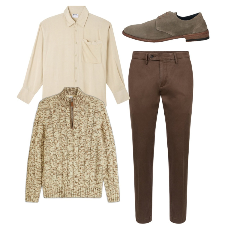 Outfit uomo - Colori neutri. Stile Casual per Tutti i giorni. Abbinamento con maglieria, scarpe stringate, camicie, pantaloni chino.