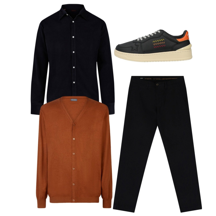 Outfit uomo - City. Stile Casual per Serata speciale. Abbinamento con sneakers, pantaloni chino, cardigans, camicie.