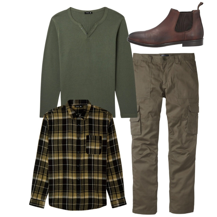 Outfit uomo - City. Stile Casual per Tutti i giorni. Abbinamento con stivali e stivaletti, pantaloni cargo, camicie, t-shirt.