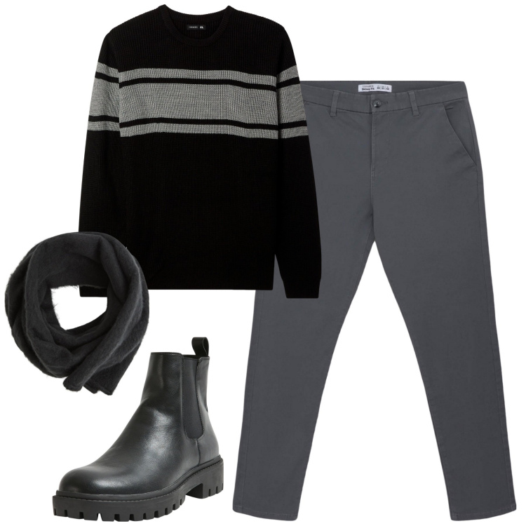 Outfit uomo - Total look #2040039. Stile Urban per Tutti i giorni. Abbinamento con pantaloni chino, stivali e stivaletti, sciarpe e foulard, maglieria.