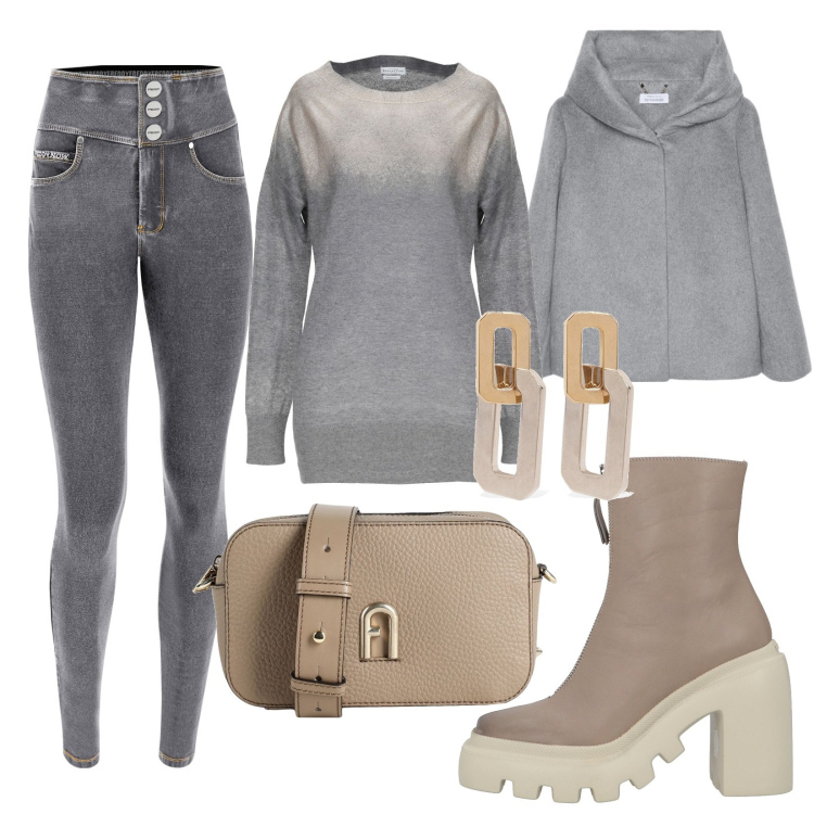 Outfit donna - Total look #2040051. Stile Casual per Tutti i giorni. Abbinamento con stivaletti, pullovers, borse a tracolla, jeans skinny, cappe, orecchini.
