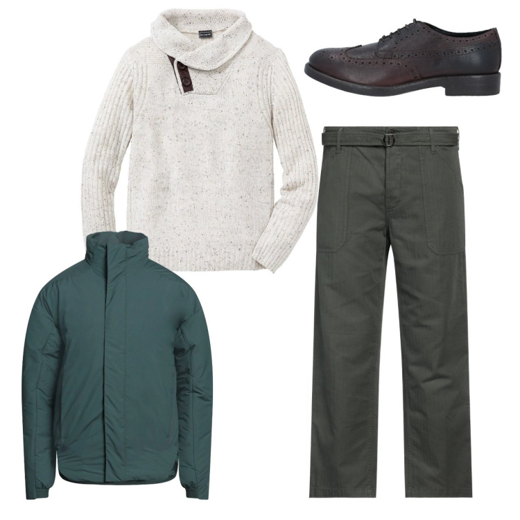 Outfit uomo - City. Stile Trendy per Tutti i giorni. Abbinamento con maglieria, pantaloni, scarpe stringate, piumini.