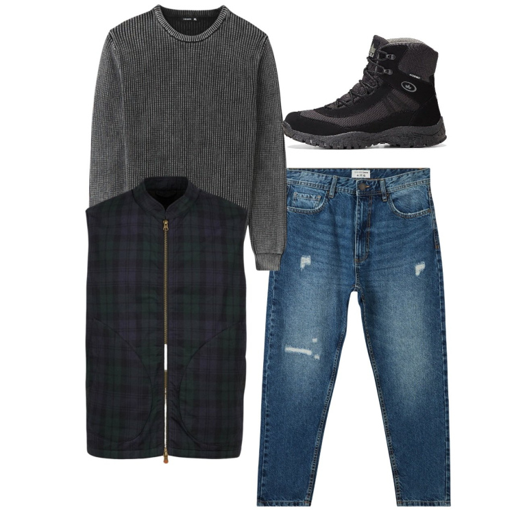 Outfit uomo - Grunge. Stile Urban per Tutti i giorni. Abbinamento con stivali e stivaletti, jeans strappati, maglieria, piumini.