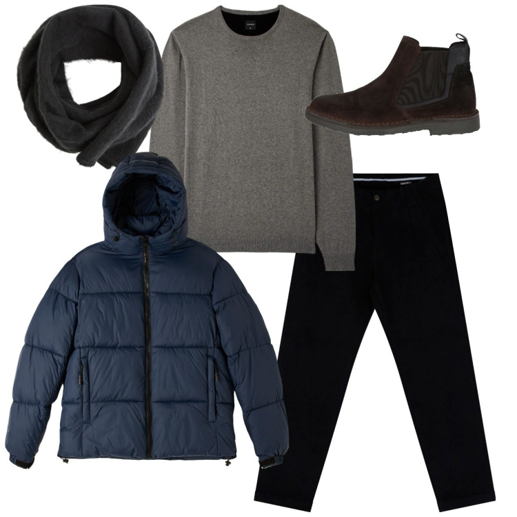 Outfit uomo - Gennaio freddo. Stile Urban per Tutti i giorni. Abbinamento con stivali e stivaletti, sciarpe e foulard, maglieria, piumini, pantaloni chino.