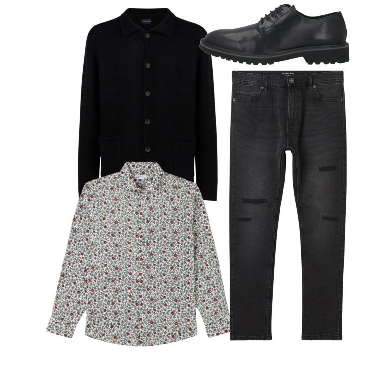 Outfit uomo - Total look. Stile Casual per Serata speciale. Abbinamento con scarpe stringate, camicie, jeans strappati, cardigans.