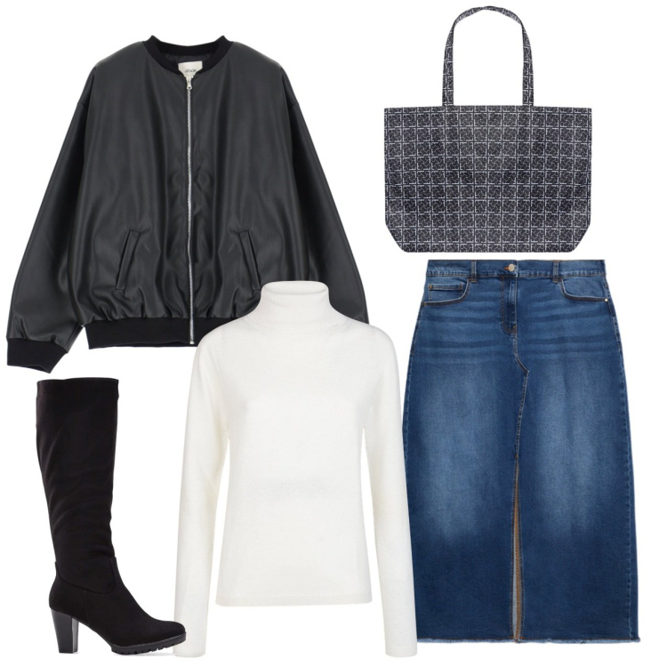 Outfit donna - In ufficio. Stile Bon Ton per Ufficio. Abbinamento con stivali, bomber, shopping bag, gonne lunghe, maglieria.