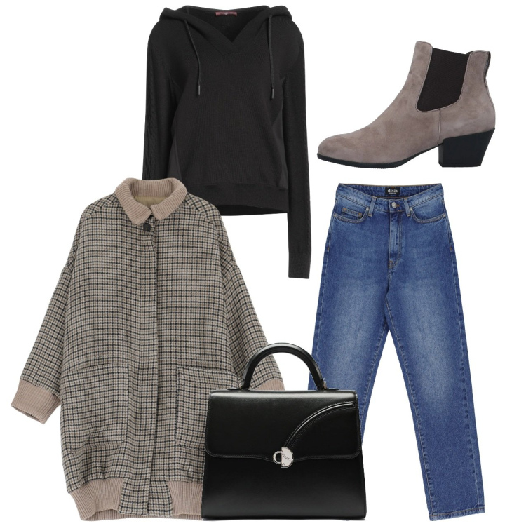 Outfit donna - Il cappottone trendy. Stile Trendy per Tutti i giorni. Abbinamento con stivaletti chelsea, pullovers, jeans dritti, cappotti, borse a mano.