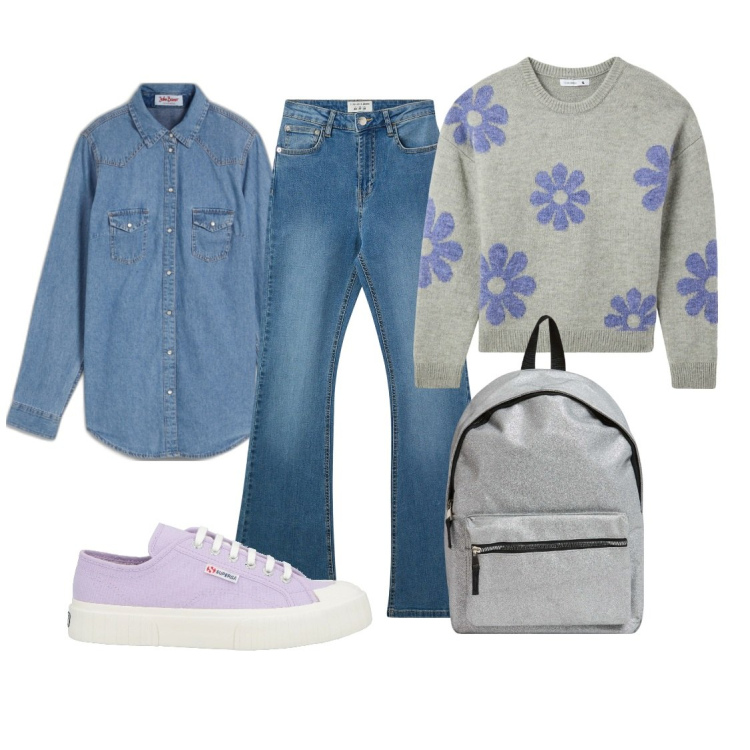 Outfit donna - City. Stile Casual per Tutti i giorni. Abbinamento con camicie, sneakers, maglieria, zaini, jeans a zampa.