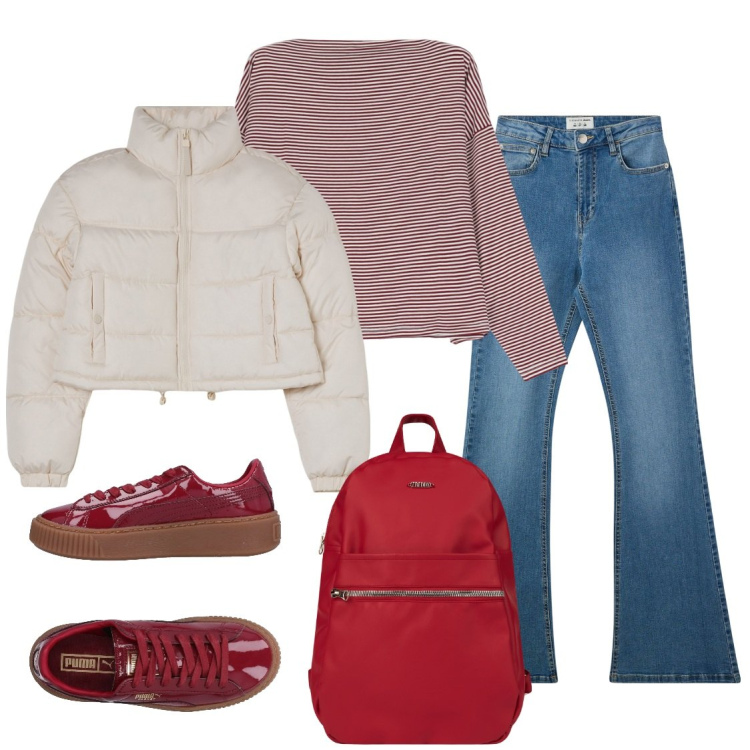 Outfit donna - City. Stile Casual per Tutti i giorni. Abbinamento con sneakers, jeans a zampa, blazer, maglieria, zaini.