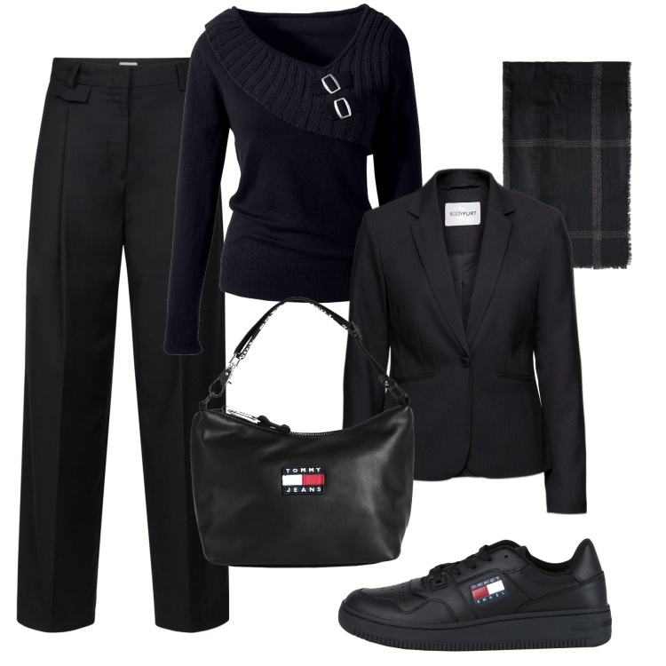 Outfit donna - Black mannish con le sneakers. Stile Mannish per Ufficio. Abbinamento con maglieria, blazer, borse a mano, sneakers, pantaloni, sciarpe.