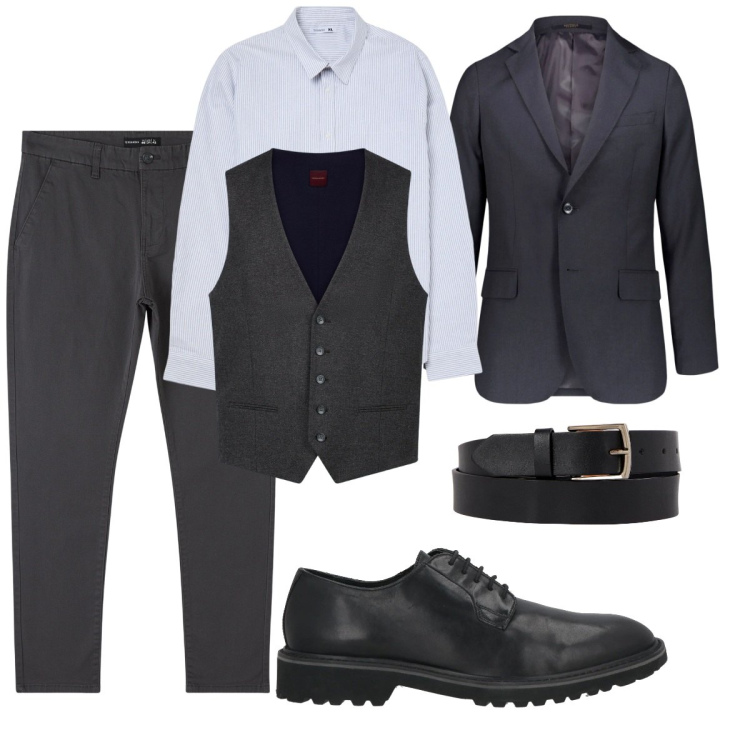 Outfit uomo - Total look. Stile Business/Elegante per Ufficio. Abbinamento con scarpe stringate, pantaloni chino, camicie, gilet, giacche, cinture.