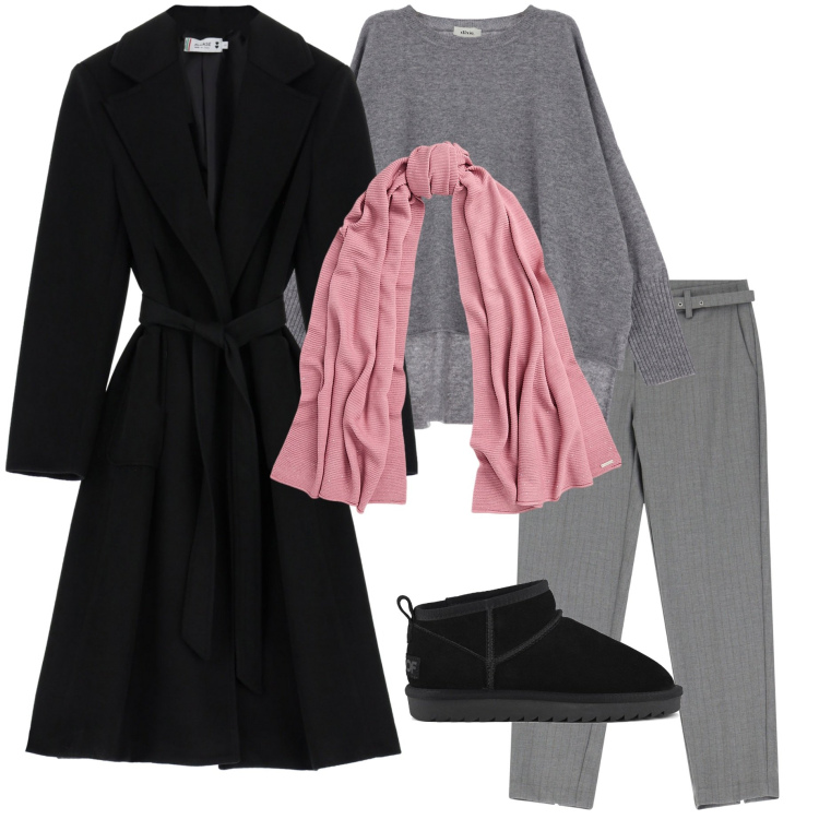Outfit donna - Cappotto e sciarpa. Stile Casual chic per Ufficio. Abbinamento con cappotti, pantaloni, pullovers, sciarpe, stivali.