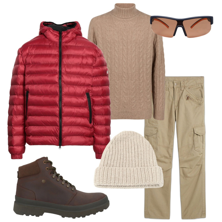 Outfit uomo - Gennaio in montagna. Stile Casual per Tutti i giorni. Abbinamento con pantaloni cargo, piumini, occhiali da sole, stivali e stivaletti, berretti, maglieria.