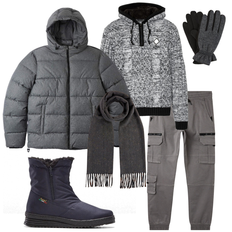 Outfit uomo - Gennaio in montagna. Stile Casual per Tutti i giorni. Abbinamento con maglieria, stivali e stivaletti, piumini, pantaloni cargo, guanti, sciarpe.