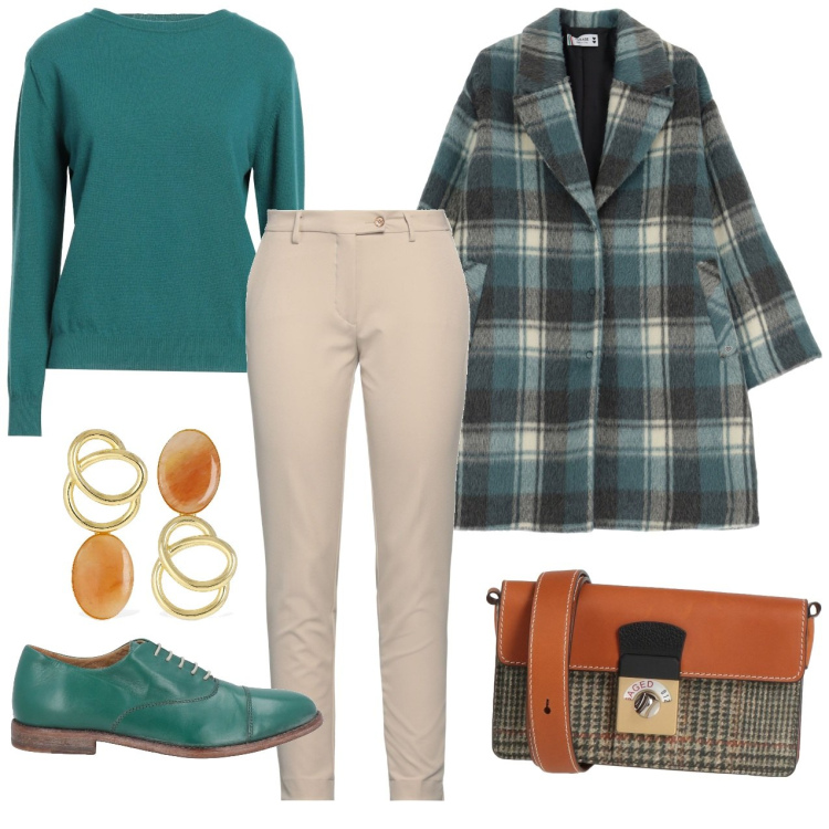 Outfit donna - Cappotto monopetto in panno check. Stile Casual per Ufficio. Abbinamento con pullovers, scarpe stringate, pantaloni, borse a tracolla, cappotti, orecchini.