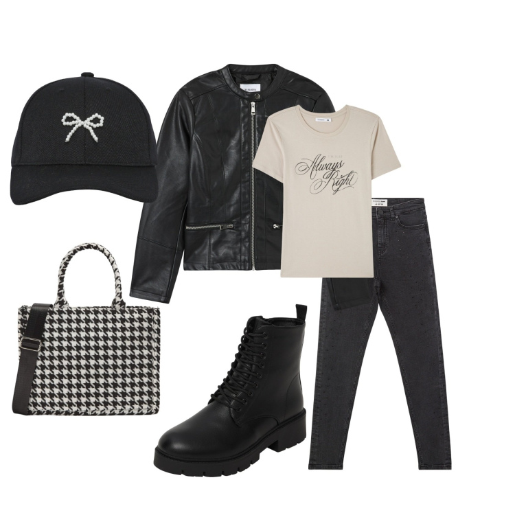 Outfit donna - Classico rock. Stile Rock per Tutti i giorni. Abbinamento con jeans skinny, cappelli con visiera, blazer, t-shirt, anfibi, shopping bag.
